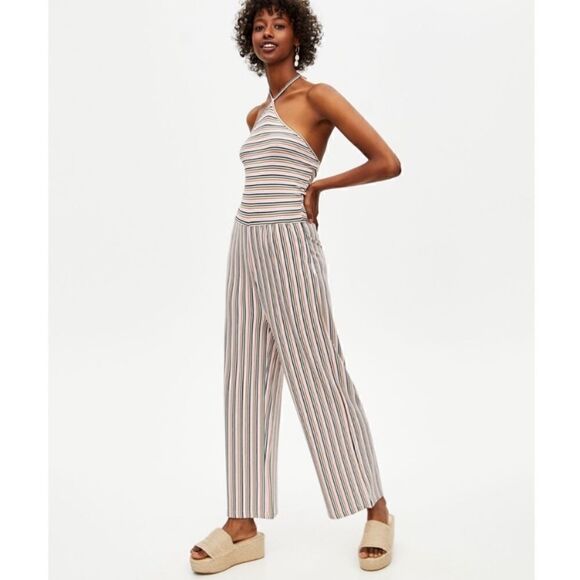 PULL&BEAR Women's Stripe Multicolor Halter-Neck Culotte Jumpsuit - Picture 4 of 13